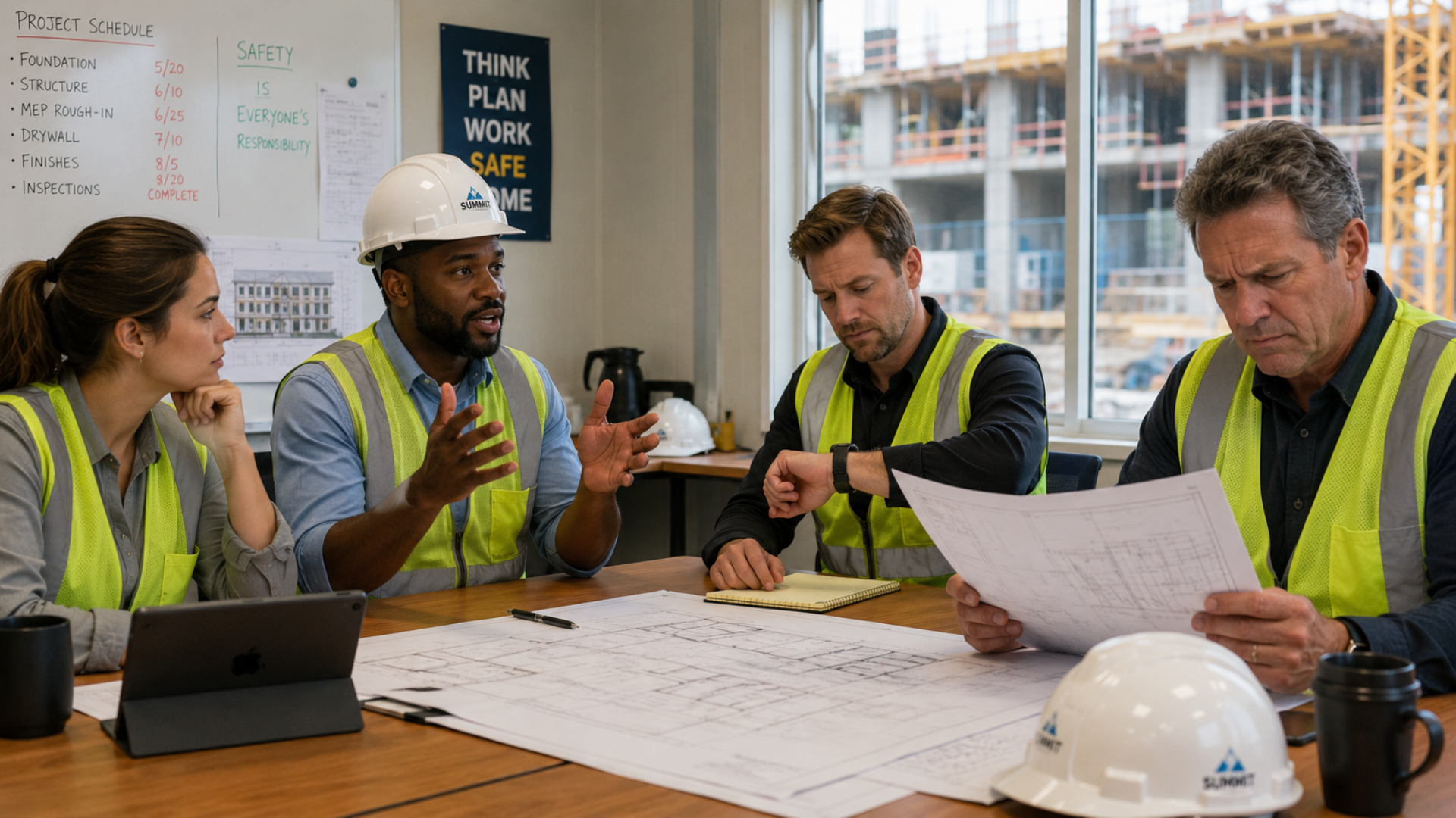 Poor communication in construction Construction team in a site meeting reading each other