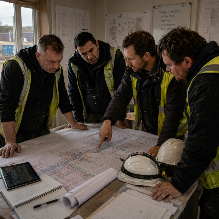 Construction team in hi-vis reviewing an M&E services drawing in a site cabin, one pointing out a clash