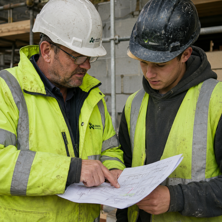Site manager giving clear instructions to a young apprentice