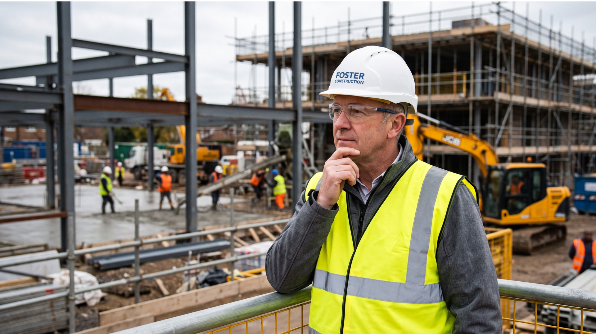 cost of silence in construction Site manager pausing on a UK building site to evaluate a potential error.