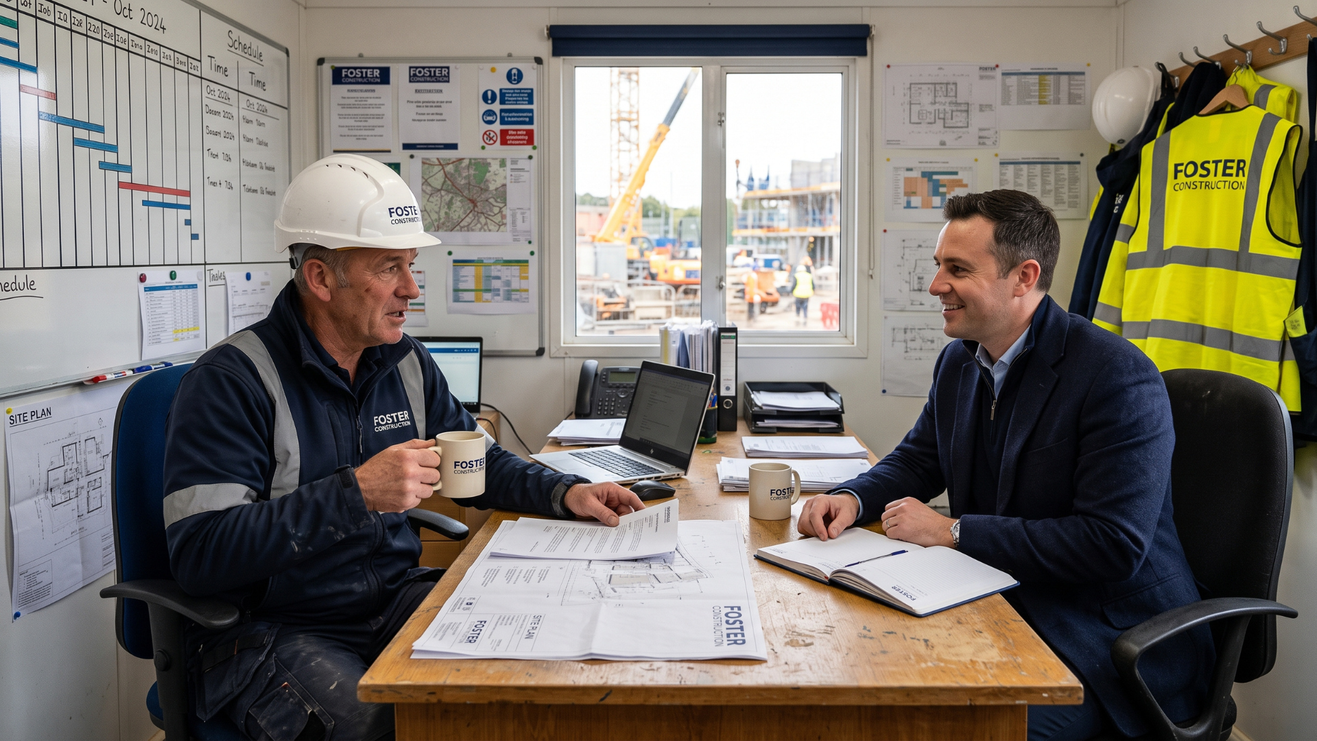 cost of silence in construction Construction commercial director and site manager discussing project risks in a site cabin