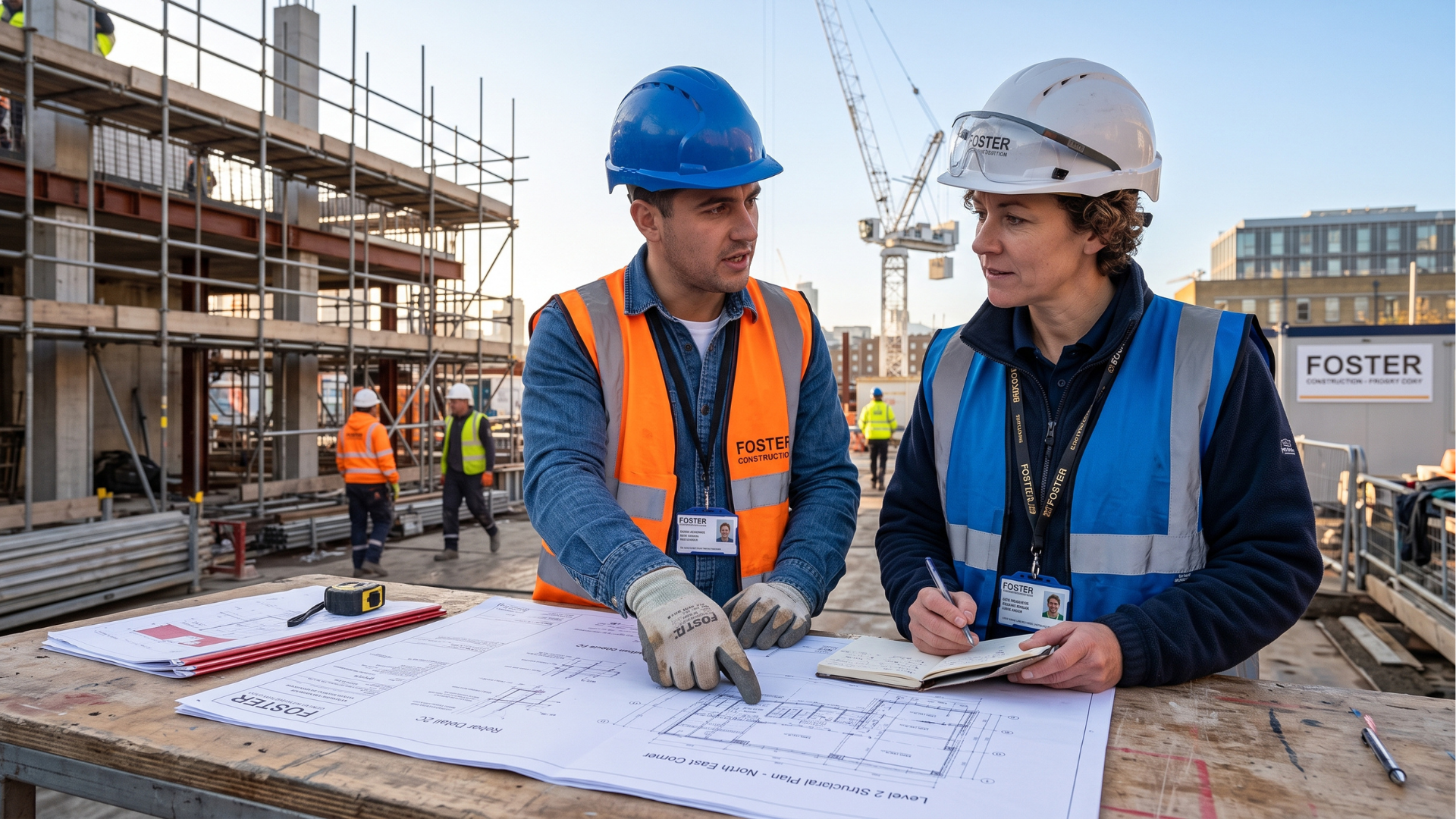 Site manager confirming task understanding with a trade contractor during a pre-task briefing.