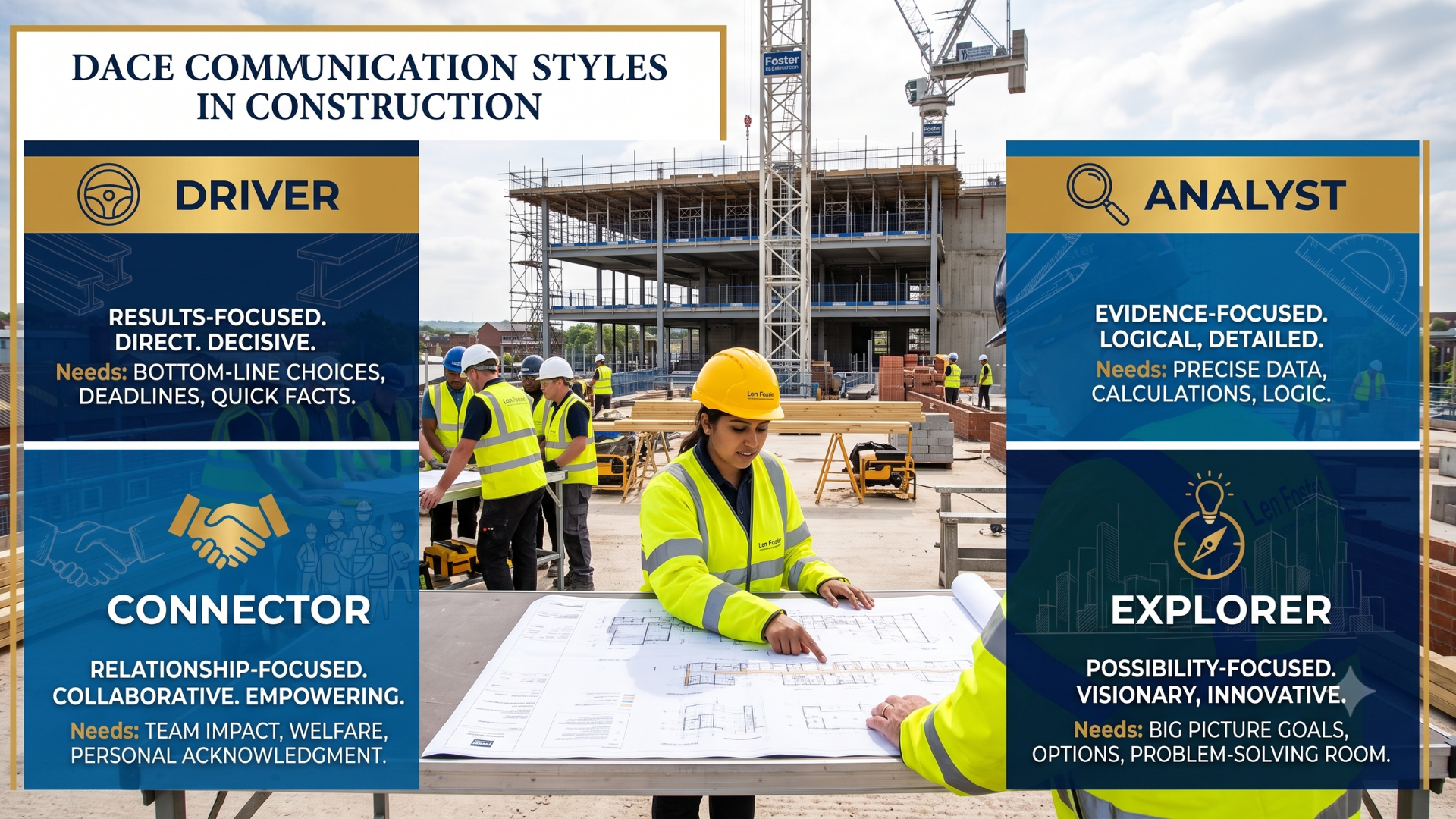 DACE quadrant showing four communication styles for construction leaders.