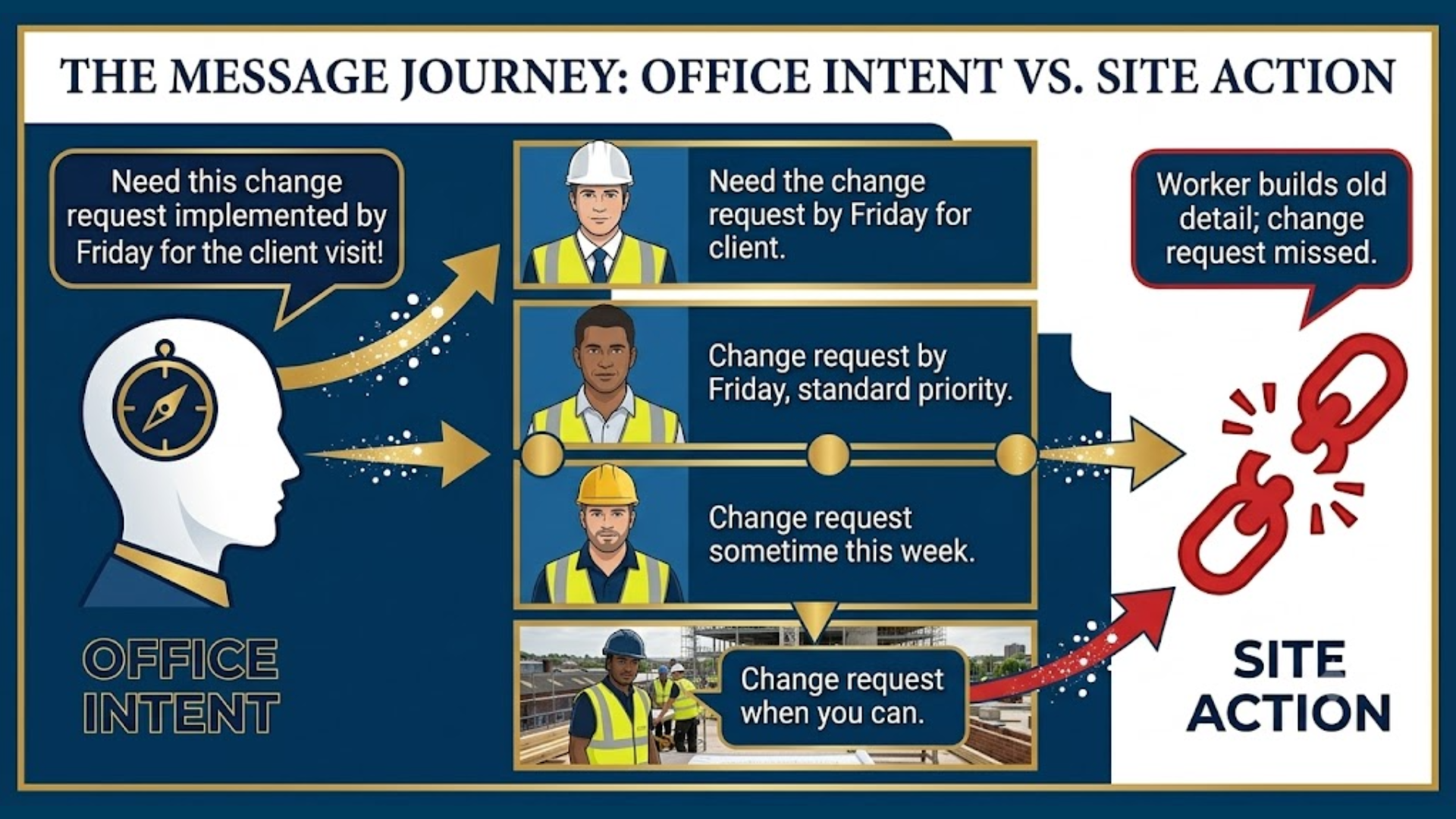 Diagram of message dilution in construction showing lost clarity from office to site