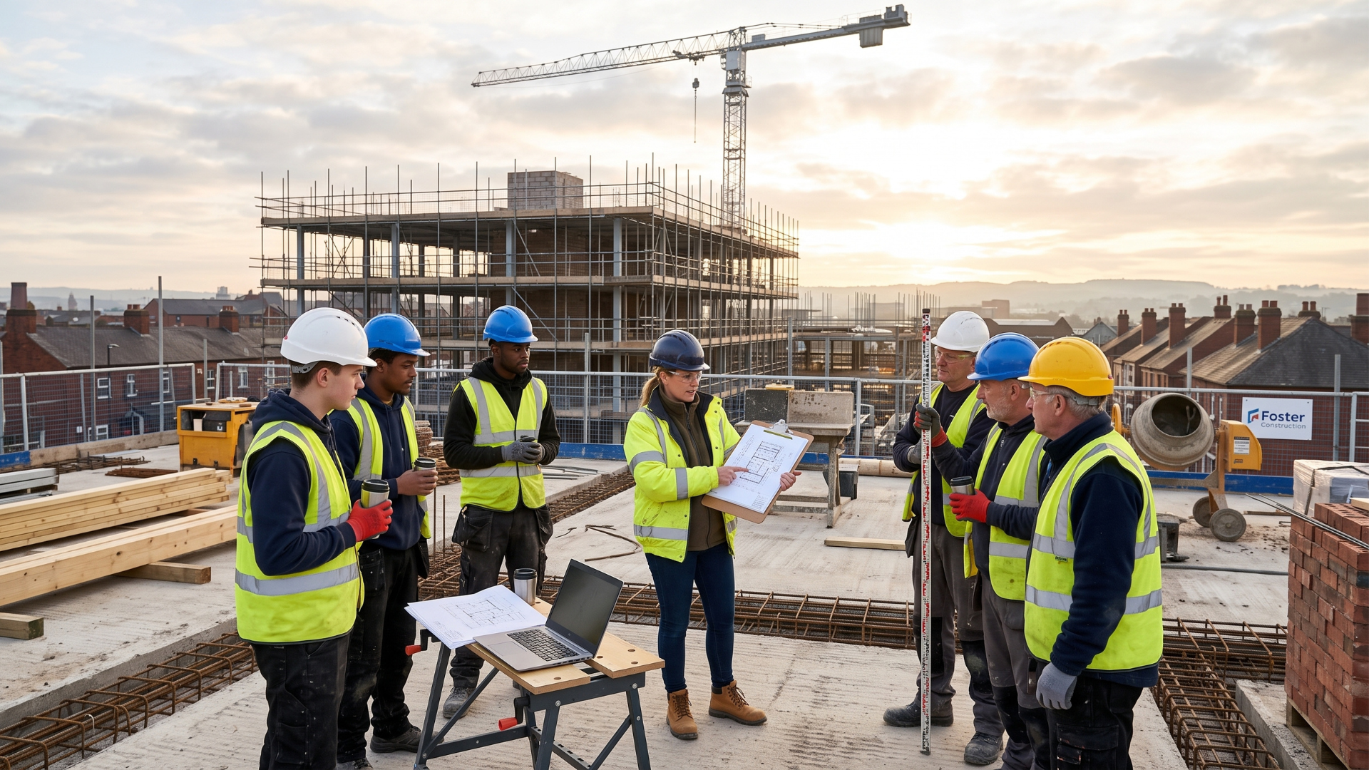 Site manager conducting a morning site briefing to reduce construction errors.